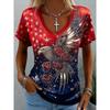 V-Neck Short Sleeve T-Shirt With Blue White Striped Print Loose Fit Casual Top Women 2025