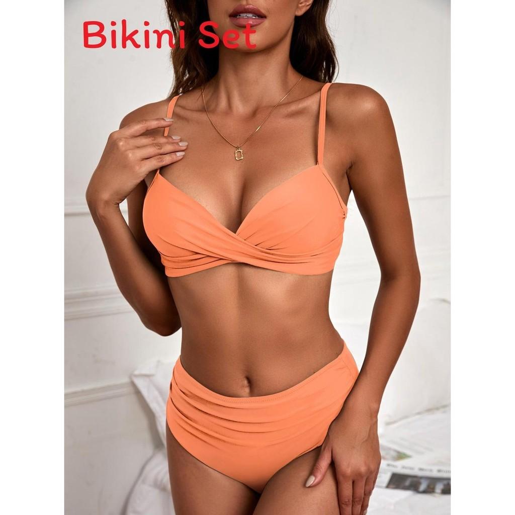 Women Solid Color Bikini Swimsuit With Triangle Top And Steel Support For Summer Beachwear
