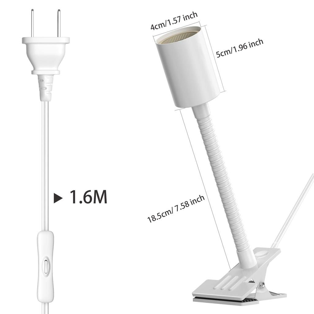 Pispoer E26 Bulb Socket, Clip-on Light Socket, Suitable for Grow Lights, 1.6 Meter Cord with Switch, 18.5 cm Neck Tube (White) Long Version