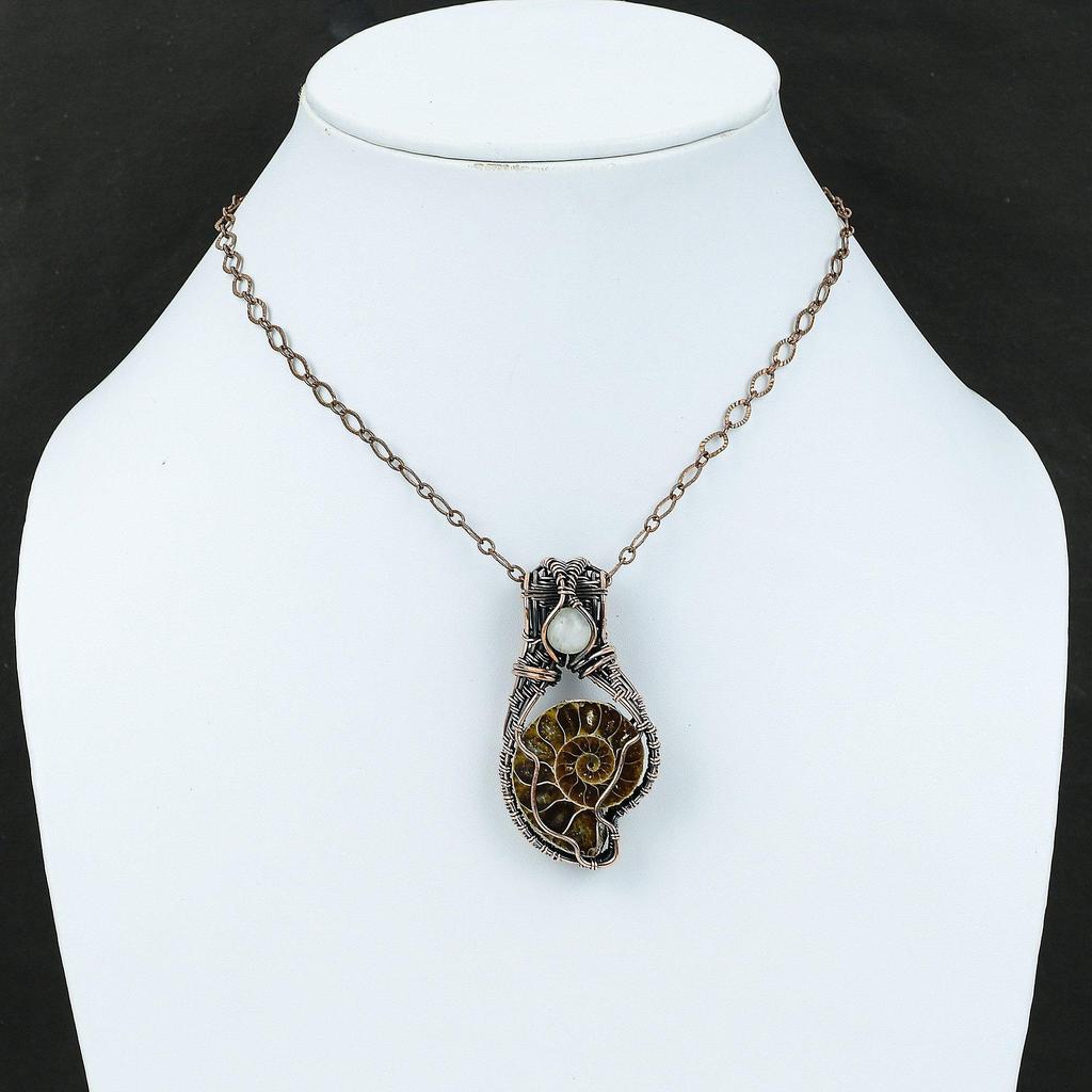 Ammonite Fossil Pendant Copper Wire Wrapped Pendant Moonstone Gemstone Pendant Handmade Copper Wire Wrap Jewelry Designer Pendants For Gift