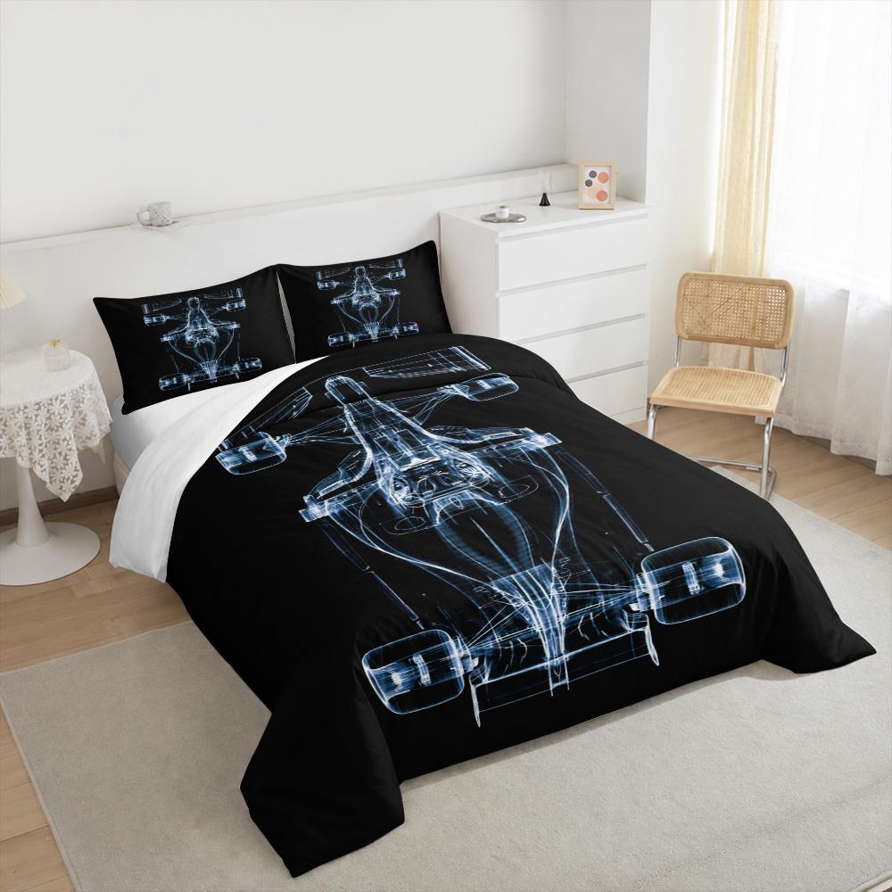 F1 Car X Ray Wireframe Blueprint Bedding set (1 duvet cover, 2 pillowcases, duvet not included), Black Blue Holographic Top View Art Print