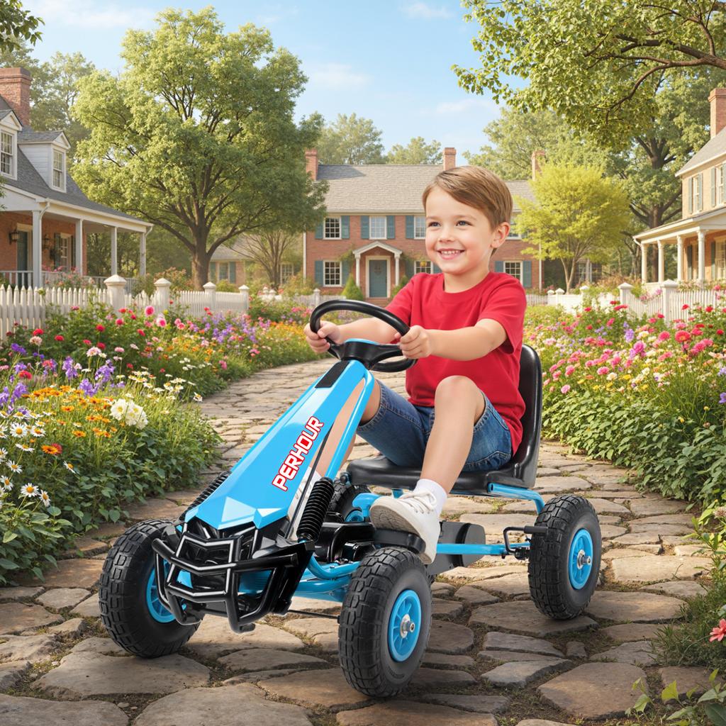 Go-kart a pedali per bambini con sedile regolabile, pneumatici in EVA, frizione manuale, freno, Go-kart per bambini 3-8 anni, Blu