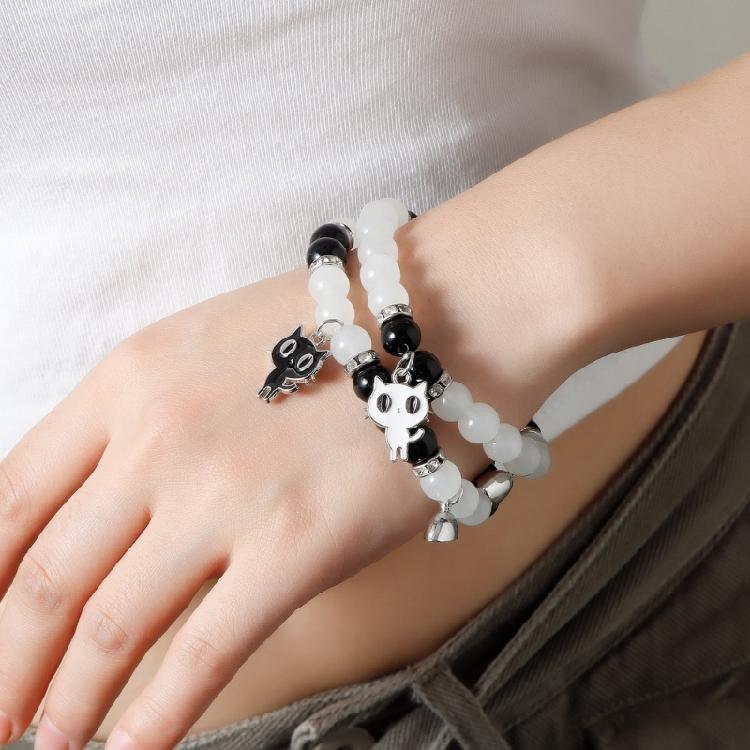 2Pieces Elegant Crystal Bead Bracelet Magnetic Clasp Handchain for Couples Adjustable Matching Wristbands Accessory