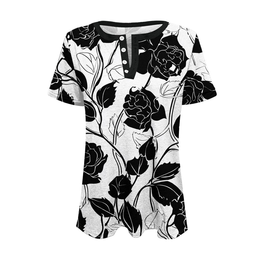 Women's Fashionable Casual Summer Floral Print V-neck Button Short-sleeved Top