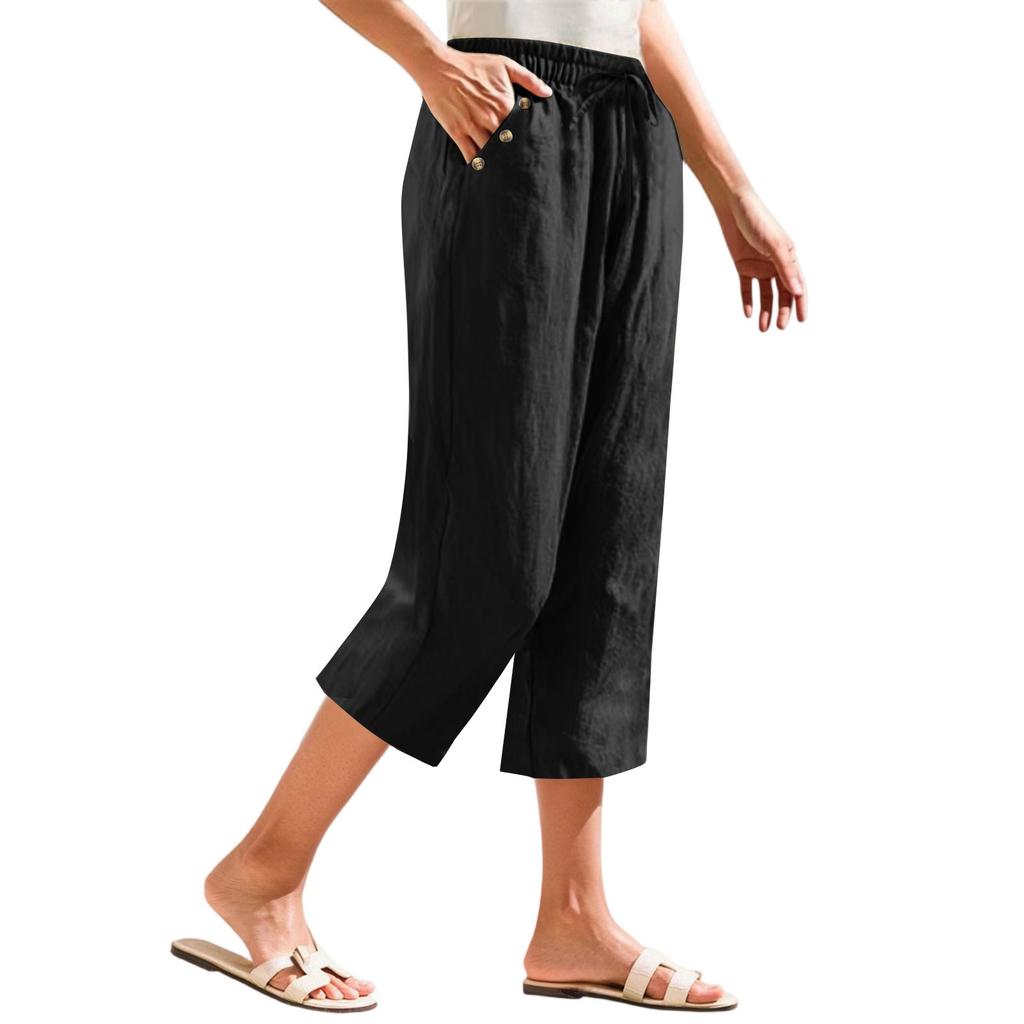 Women's Fashionable Loose-Fit Pocket Cotton-Linen High-Waisted Wide-Leg Pants Casual Cropped Trousers
