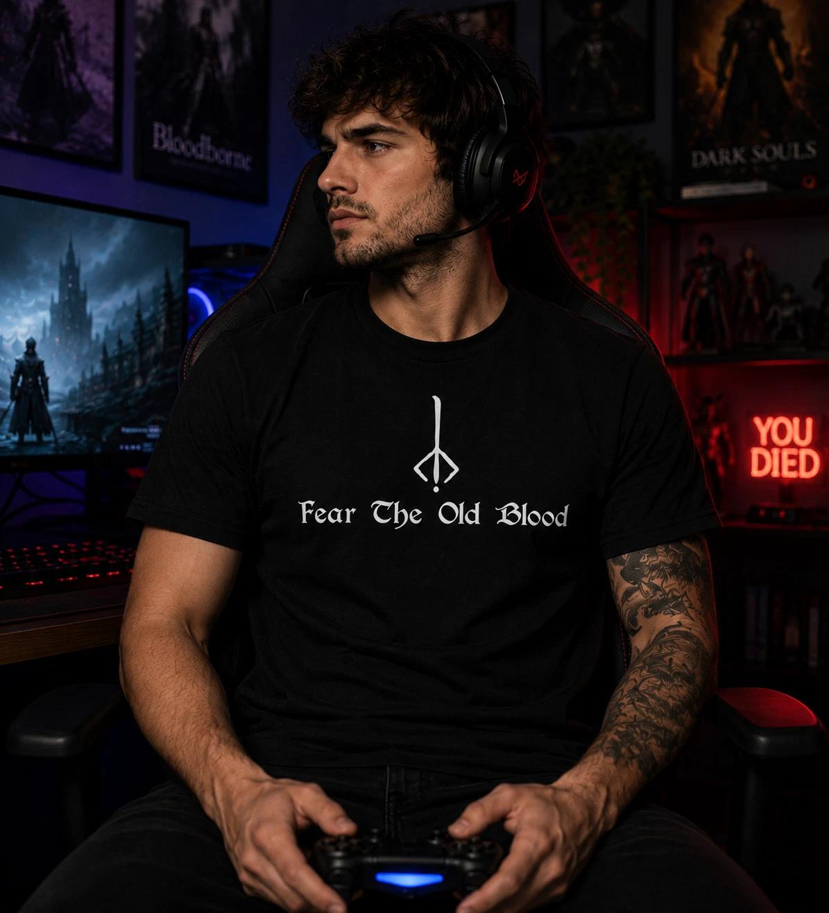 Bloodborne T-shirt Fear The Old Blood Gothic Gaming Top Tee Unisex XXL
