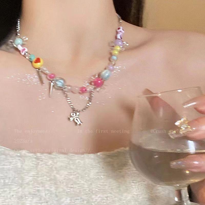 Candy Sweetheart Tide Niche Design Sense Sweet Necklace Female Color Beaded Childlike Collarbone Chain Bracelet