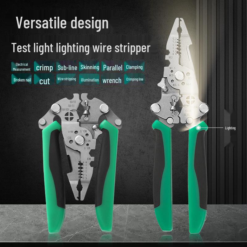 Multi-Functional Electrician Tool: Wire Stripper, Test Pen, Pliers, Wire Cutters, and Folding Night Light.