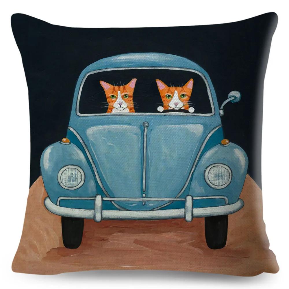 Cartoon Driving Car Cat Cushion Cover Decor Cute Pet Animal Pillowcase Polyester Pillow Case for Sofa Home Children Room 45x45cm