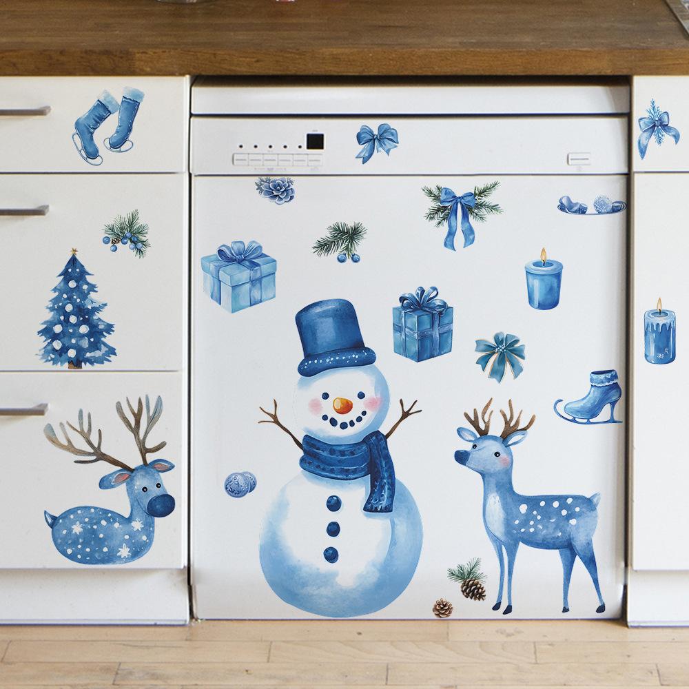 Fun-e157 Christmas Blue Snowman Fawn Christmas Tree Refrigerator Kitchen Beautification Wall Sticker