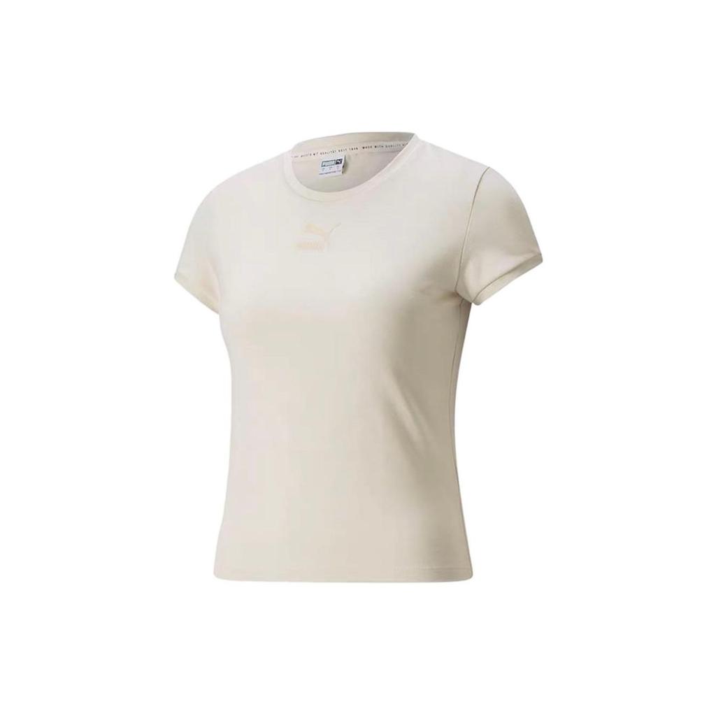 Puma Sports Casual Logo Print Round Neck Short Sleeve T-Shirt Women Tops Beige 532562-99