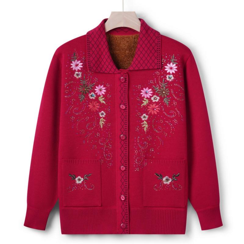 Grandma lapel fleece knitted sweater cardigan women's middle aged mother thickened sweater autumn and winter coat