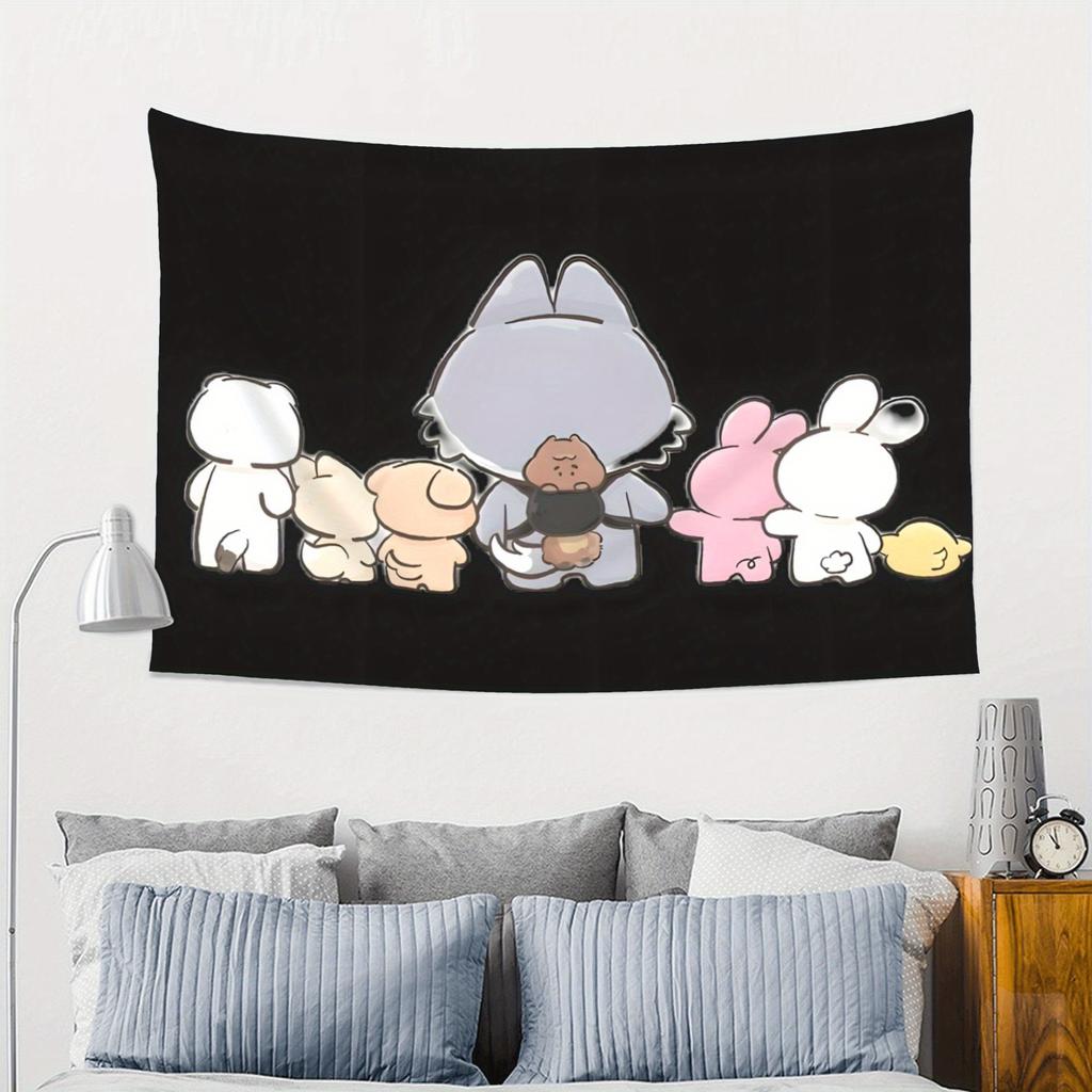 SKZ Yang Jeongin VintageInspired Tapestry Black Background Colorful Character Wall Hanging for Reading Nooks Cozy Corners D