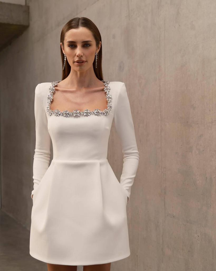 Letnia Damska Sukienka Wieczorowa A-Line z Długim Rękawem i Kwadratowym Dekoltem z Cyrkoniami