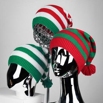 Sombrero de Punto Otoño Invierno Rayado Rojo y Verde con Borla de Pelo Sombrero de Cola Larga Sombrero de Papá Noel