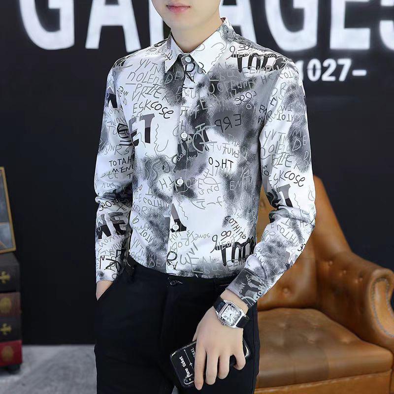 

Мужской премиальный новый стильный тонкий топ с длинным рукавом и принтом, трендовая повседневная рубашка без складок M белый
