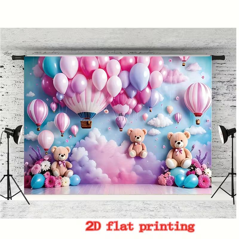 2D Teddy Bear Hot Air Balloon Birthday Backdrop Banner Happy Birthday Party Photo Booth Background