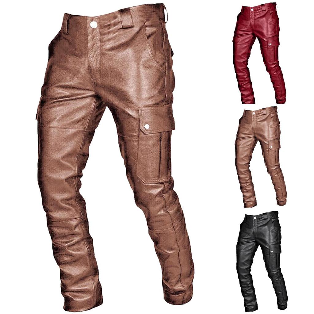 Herfst en winter heren effen kleur retro PU leren broek casual cargo broek