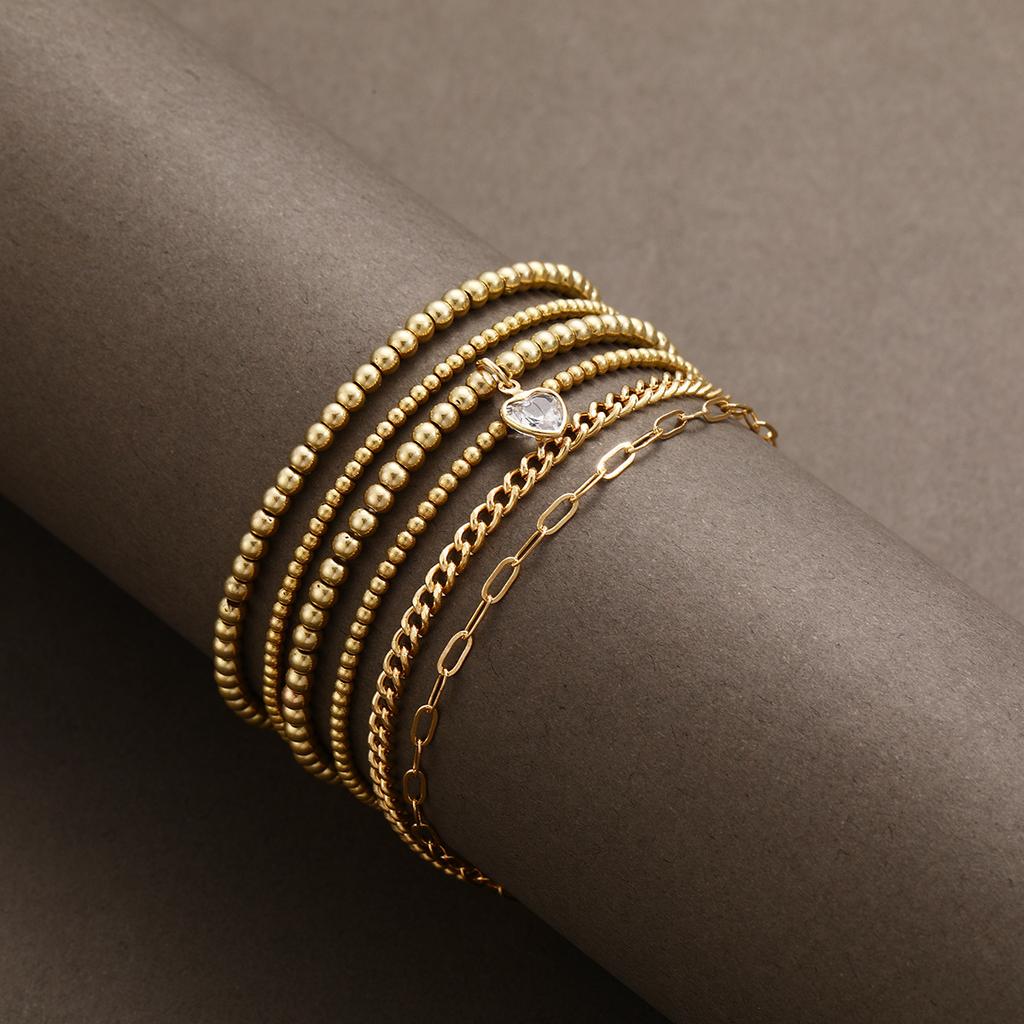 6pcs Gold Color Heart Crystal Beaded Bracelet Set For Women Vintage Minimalist Stretch Bead Ball Bracelets Daily Jewelry Gifts