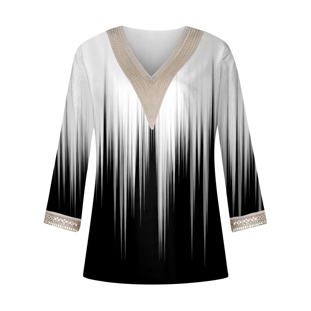 Women's Shirt Blouse Casual Loose Shirts 3/4 Sleeve Lace Trims Print V Neck Tops Print Tops T-shirts Tee