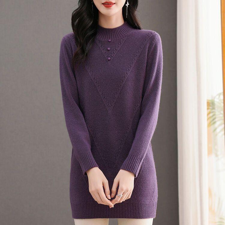 Half Turtleneck Sweater Dress for Women Solid Color Long-sleeved Mid-length Knitted Sweater Autumn and Winter Casual Loose Pullover