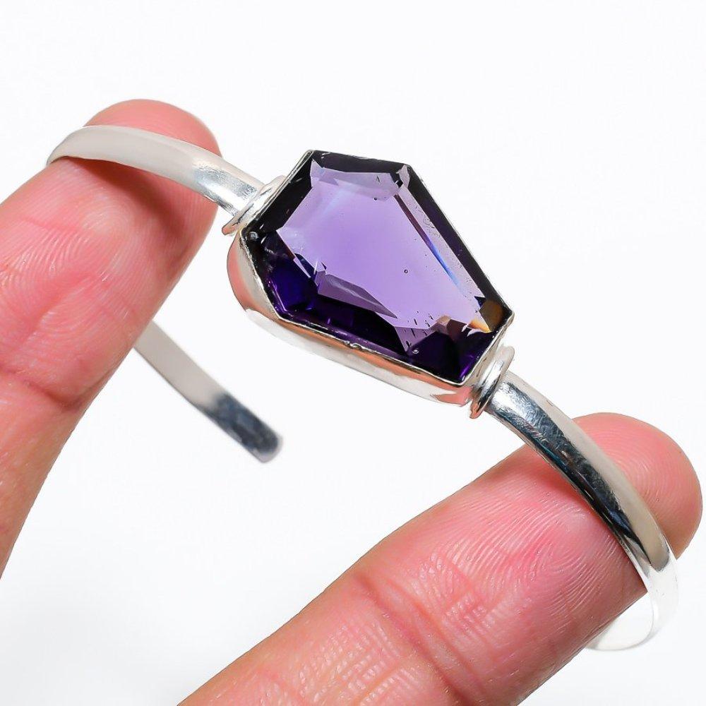 Natural Amethyst Gemstone 925 Sterling Silver Cuff Bangle Adjustable p1p67