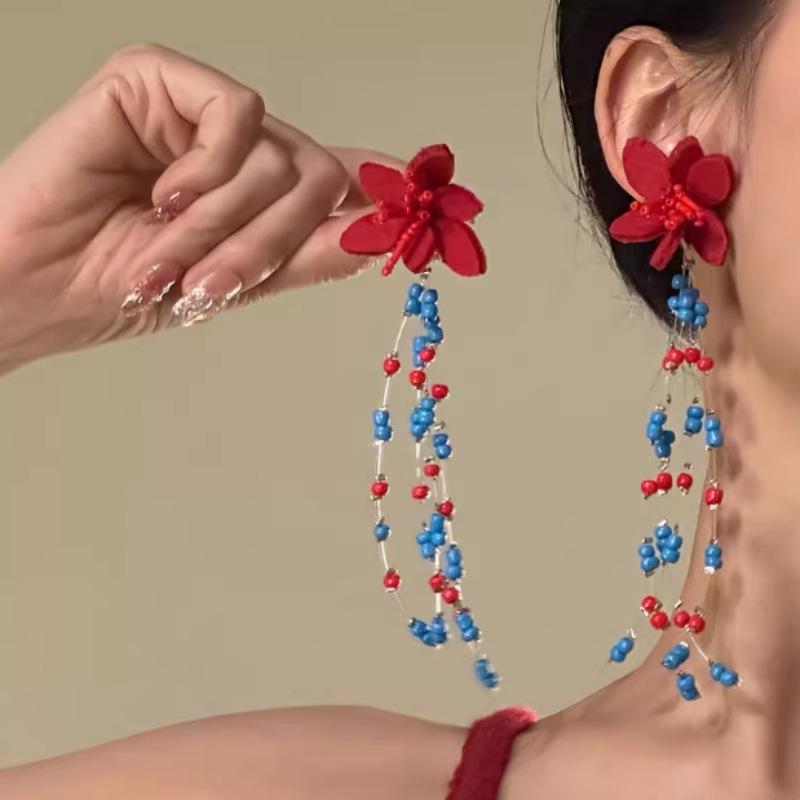 

Сині Геометричні Сережки з Китицями - Вишукані Довгі Пусети для Жінок у Європейському та Американському Стилі