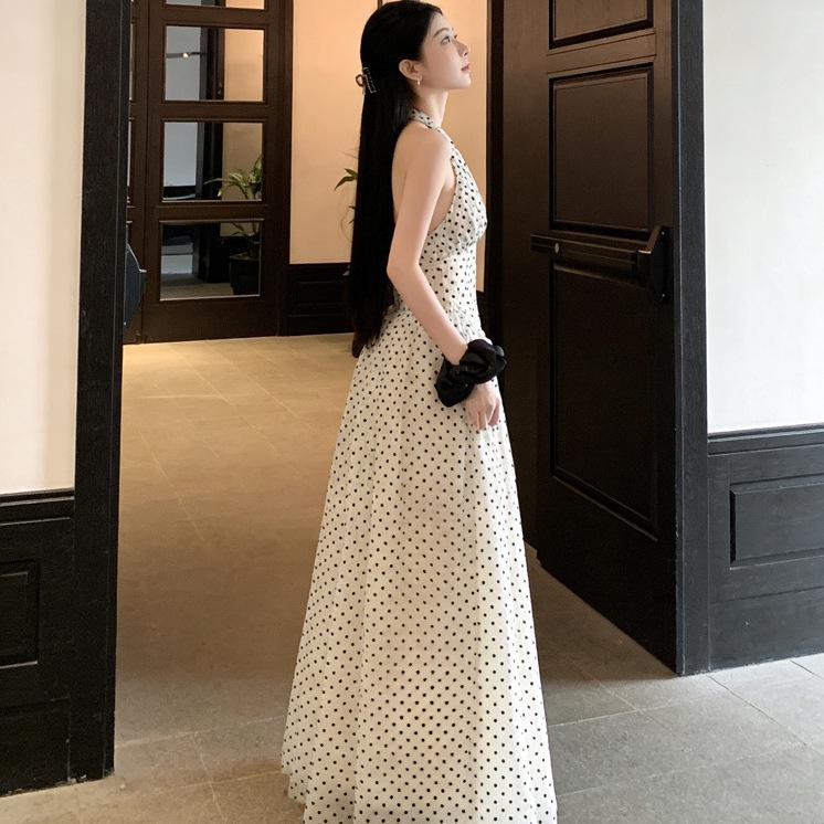 French Neck Polka Dot V-neck Dress, High-end Summer Off-the-shoulder Back Waist Temperament Dress, Fluffy Long Dress