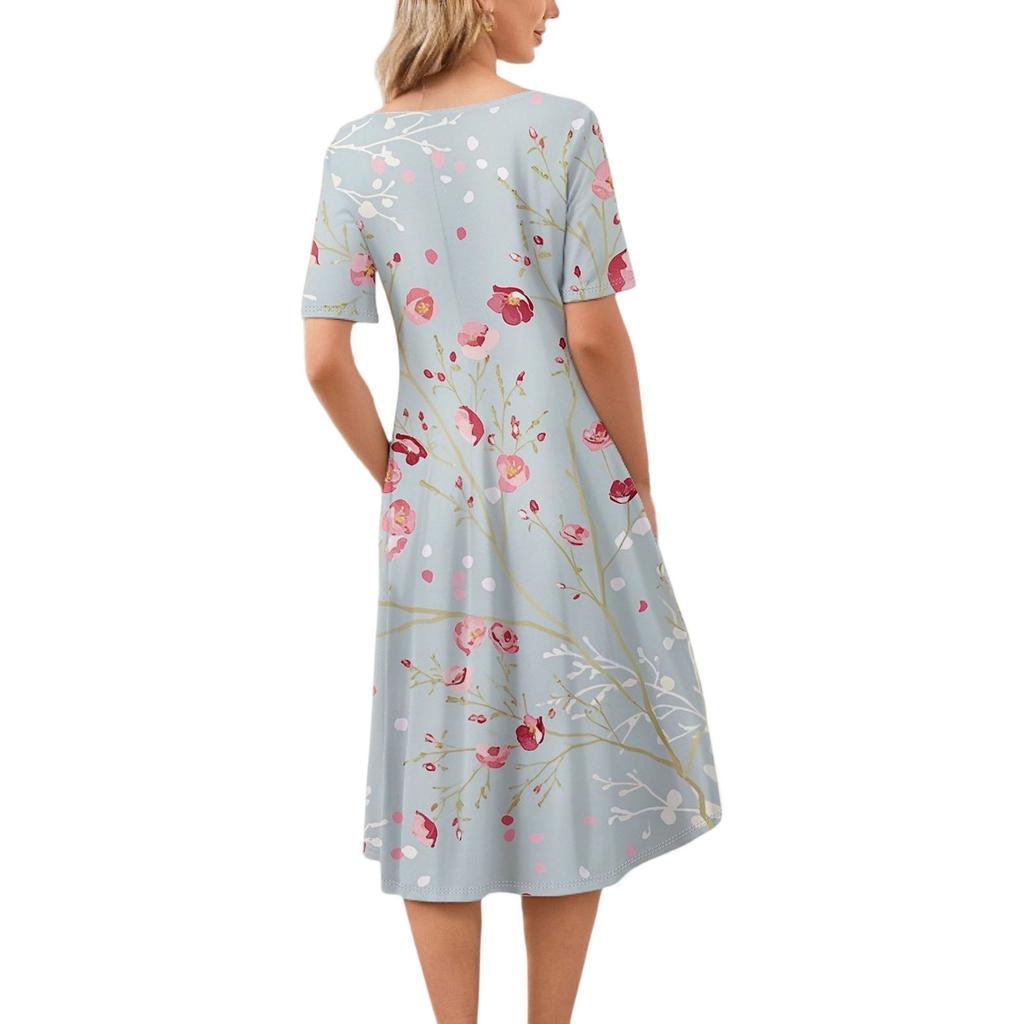 Abito Midi Casual da Donna alla Moda con Scollo Rotondo e Maniche Corte con Stampa Floreale