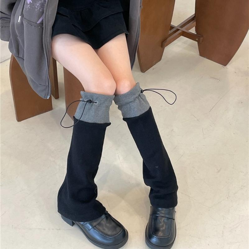 Winter Autumn Knitted Drawstring Leg Warmer Gothic Colorblock Foot Covers Flared Hem Loose Knee High Socks for Women
