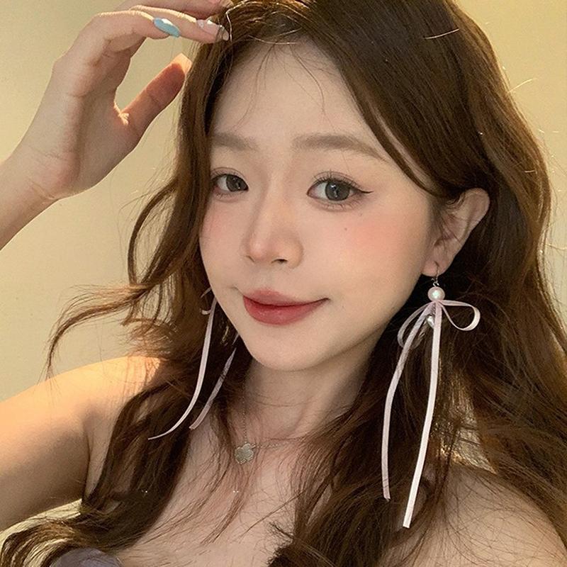 Korean Style Sweet Fresh Ribbon Bowknot Charm Stud Earrings Pearl Heart Dangle Ear Buckles For Girl Ballet Ear Jewelry
