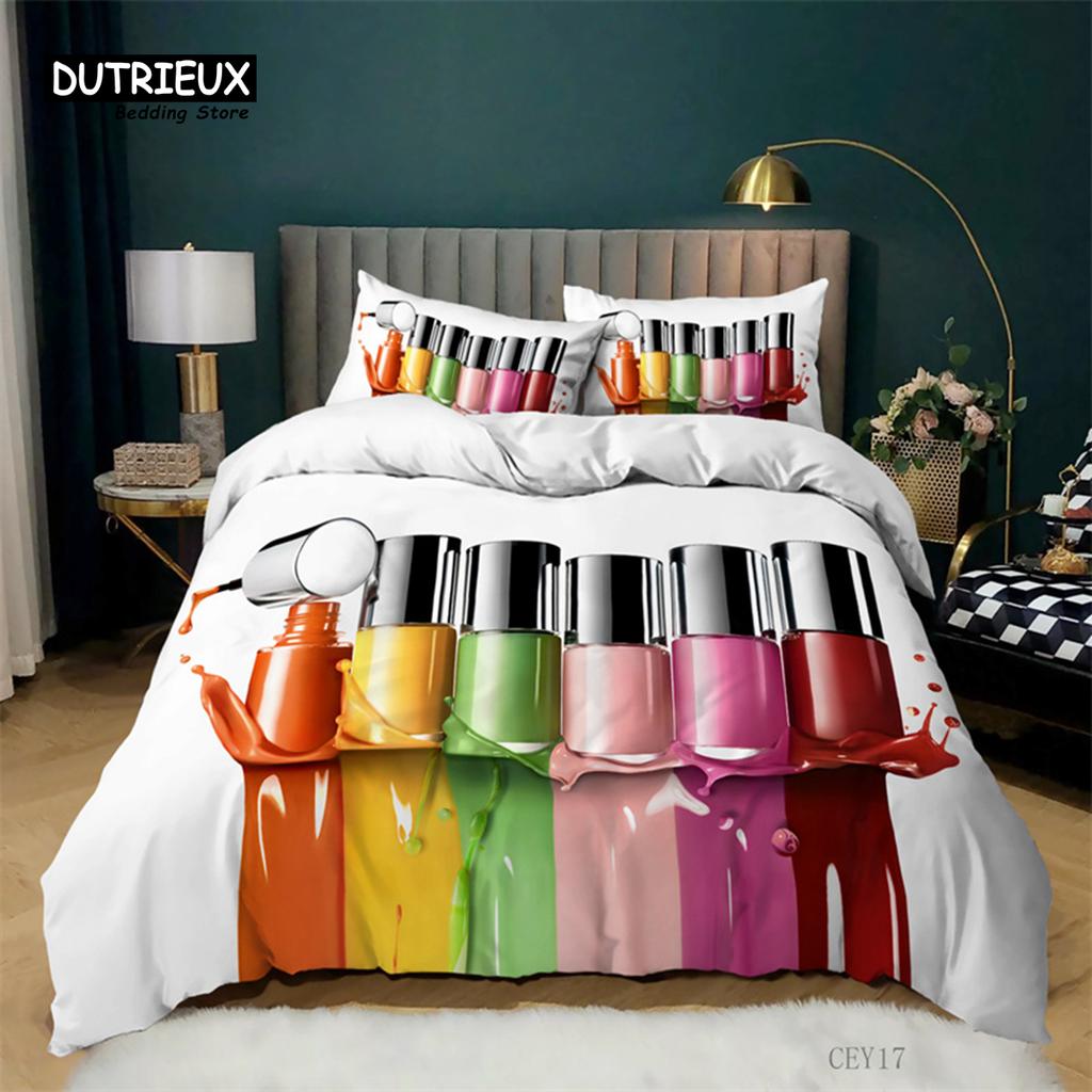 Fashion Sleep Bedding Collection Makeup Cosmetic Theme Bedspread Cover Polyester Perfume Lipstick Nail Polish Brush Print Pattern Quilt Cover King