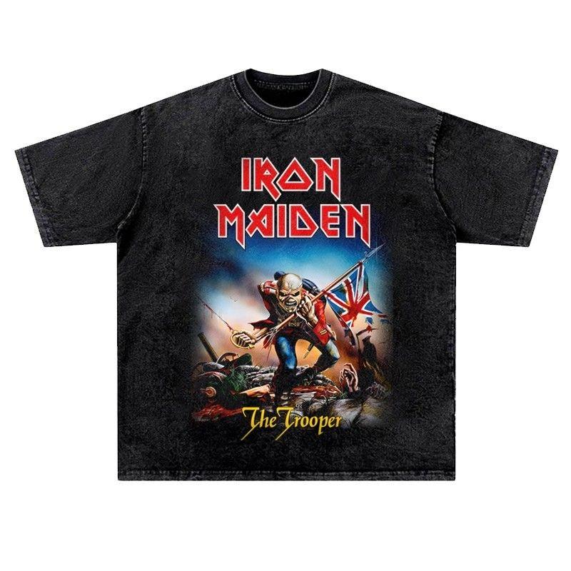 ZheXiong TEE Vintage LRON Maiden Iron Lady Rock Gewassen T-shirt voor Heren Dames Amerikaans Retro Gewassen Hip Hop Street Korte Halve Mouw Trendy M
