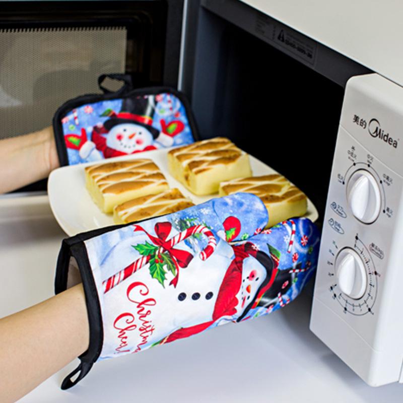 2pc/set Christmas Printed Oven Gloves, Heat Resistant and Heat Resistant Microwave Oven Glove Set