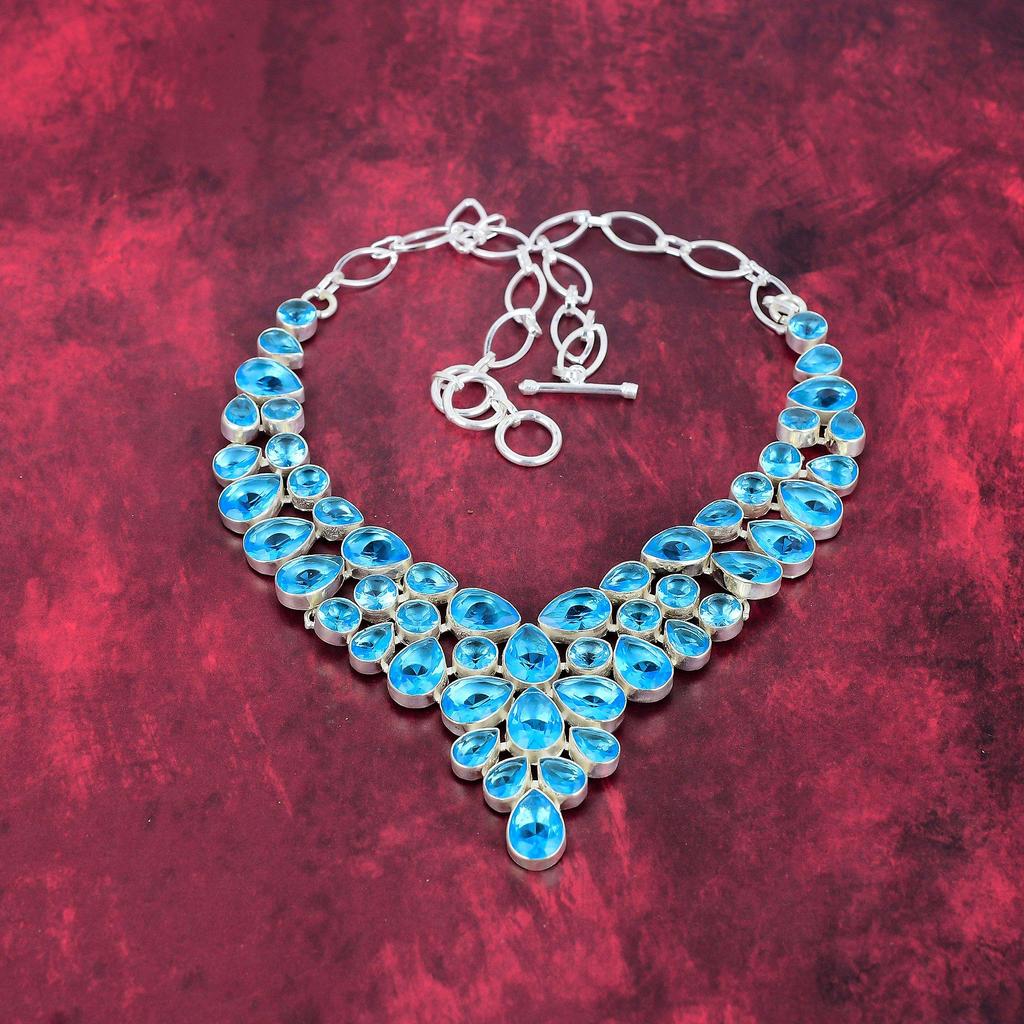 Blue Topaz 925 Solid Sterling Silver Necklace with Adjustable Chain, Handmade Gemstone Jewelry Necklace For Memorial Day