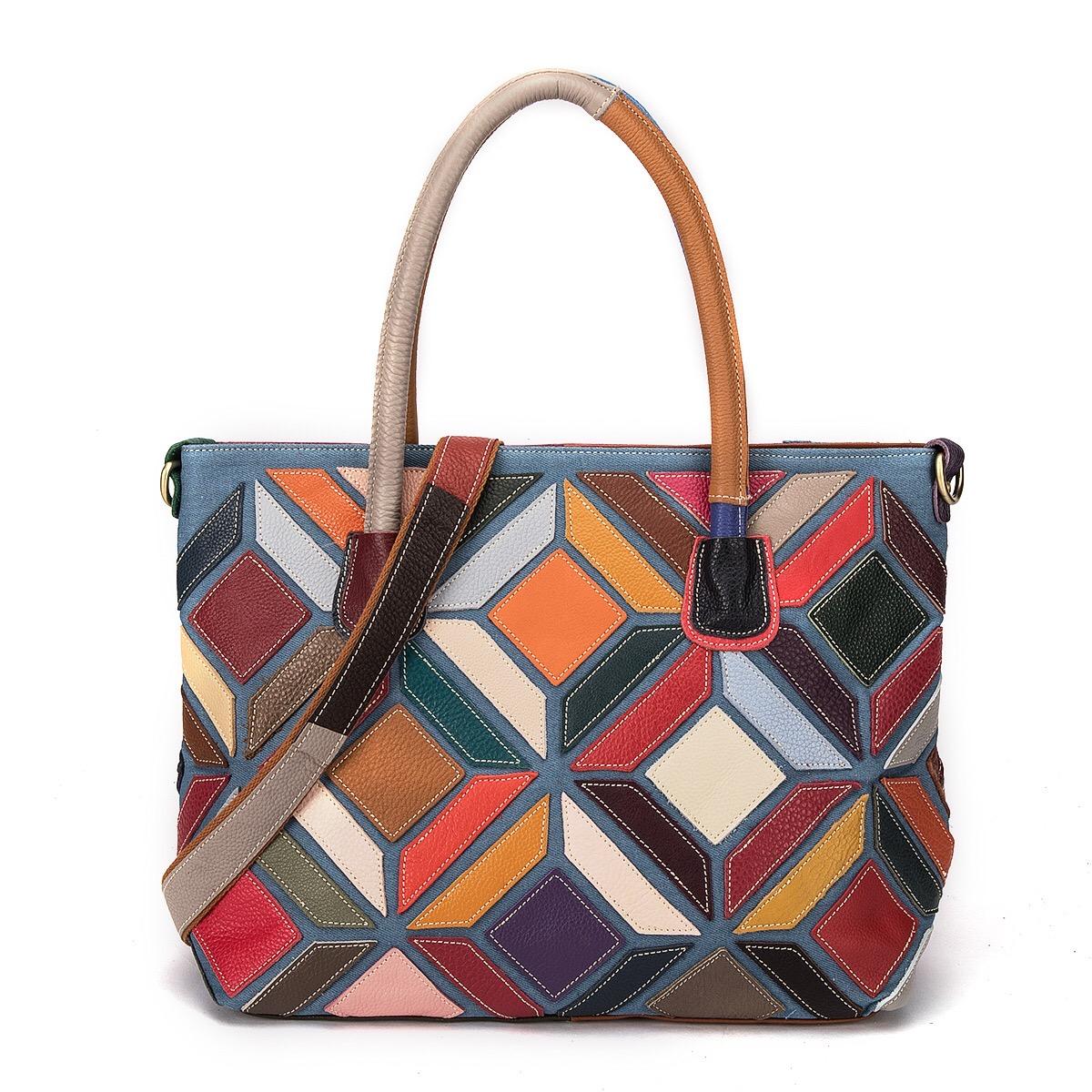 

Большая вместительная женская сумка из натуральной кожи с геометрическим узором, комбинированная цветовая гамма, повседневное использование, бутик