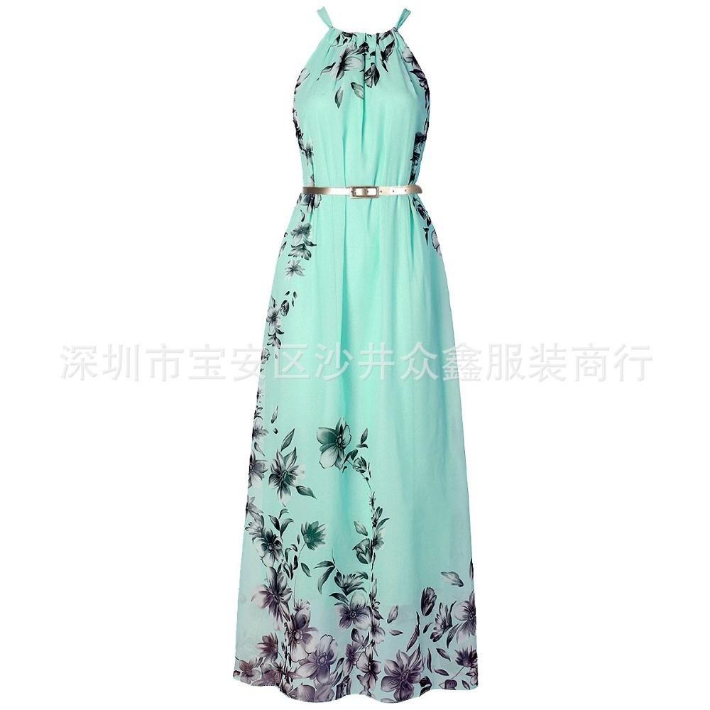 Women's Sleeveless Halter Straight Fit Loose Waist Fresh Floral Print Maxi Chiffon Dress