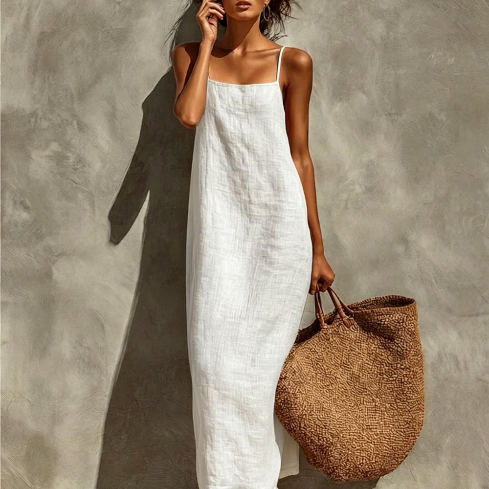 Women s Square Neck Sleeveless Maxi Dress Loose Fit Mid Waist Casual Slip Dress S