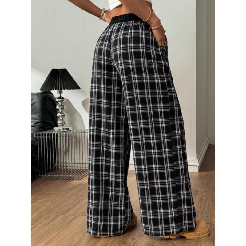 Pantaloni Casual Lunghi a Quadri con Vita Elastica e Gamba Larga, Stile Vintage Rilassato, per Donna