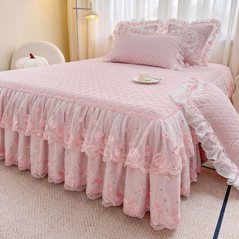 Korean Style Lace Bed Skirt & Sheet Set - 3-Piece Quilted Dustproof Full Wrap Bed Cover