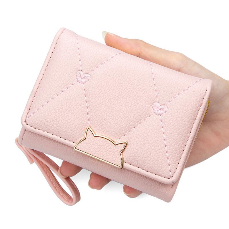 Pu Leather Short Wallet With Cat Buckle Heart Embroidery For Teen Girls Daily Use Casual Shopping