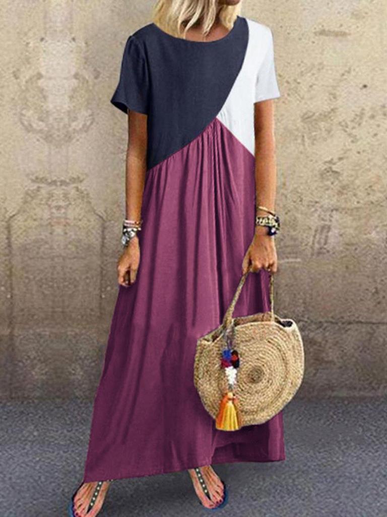 2023 Geometric Color Block Patchwork Long Summer Beach Dress