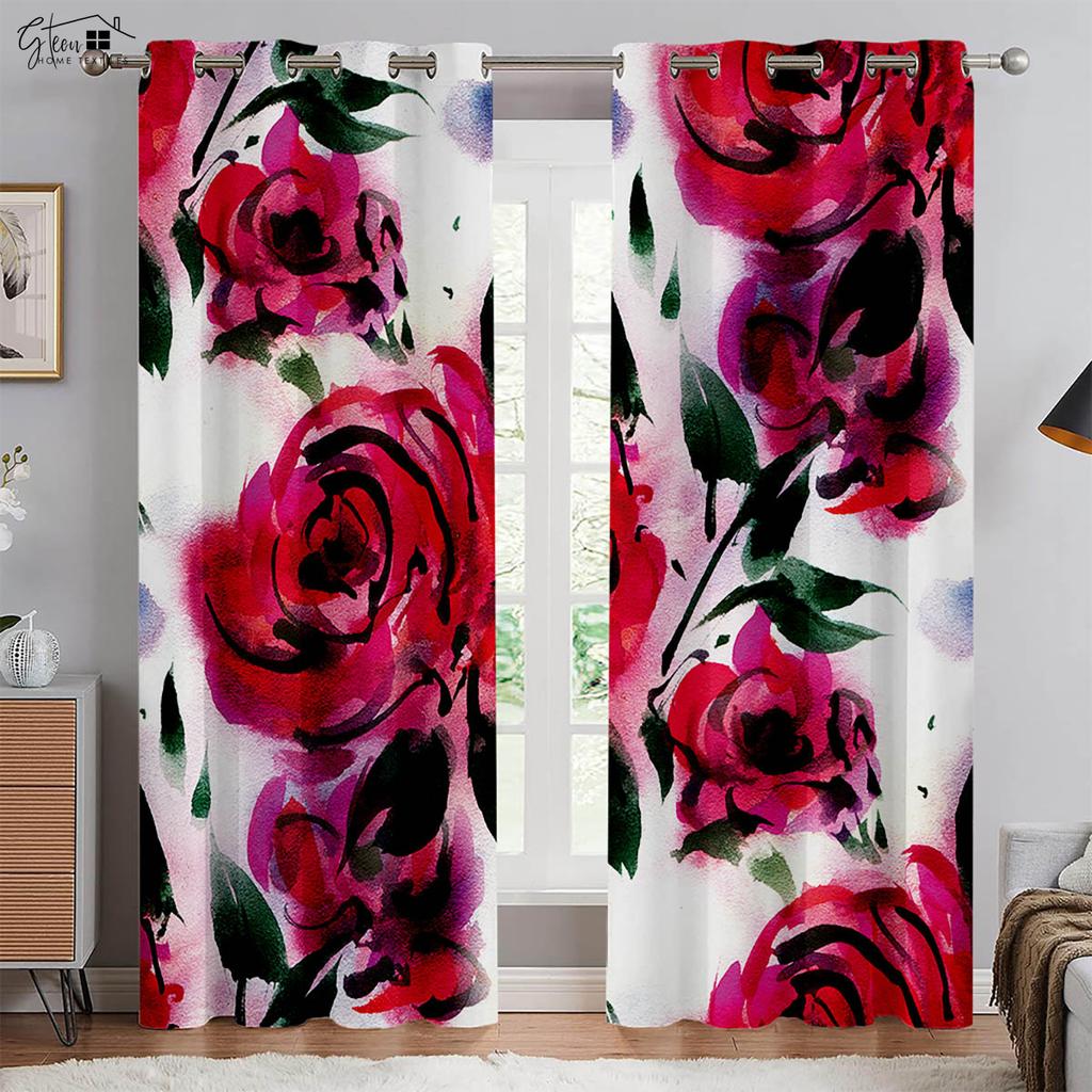 Retro Red Rose 3d Print Drapes Polyester Fiber Curtains Suitable For Bedroom Living Room Study Room Decorative Curtains 2 PCS