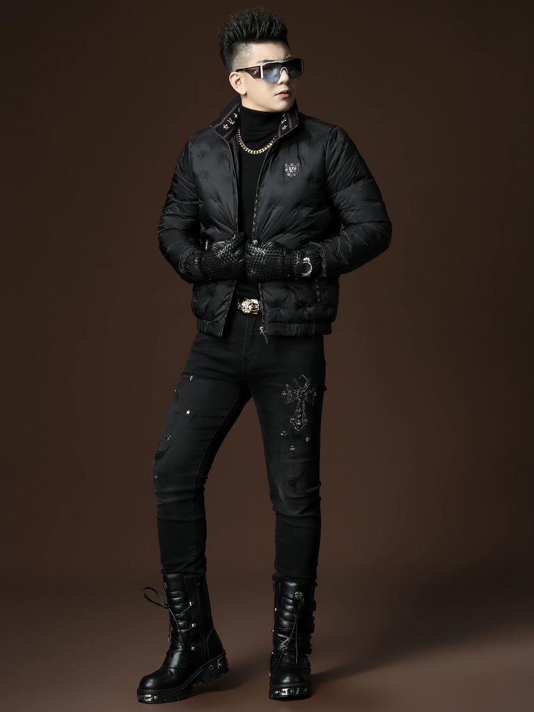 European Men's Short Down Jacket with White Duck Down, Winter Trendy Embroidered Warm and Cold-Resistant Men's Coat