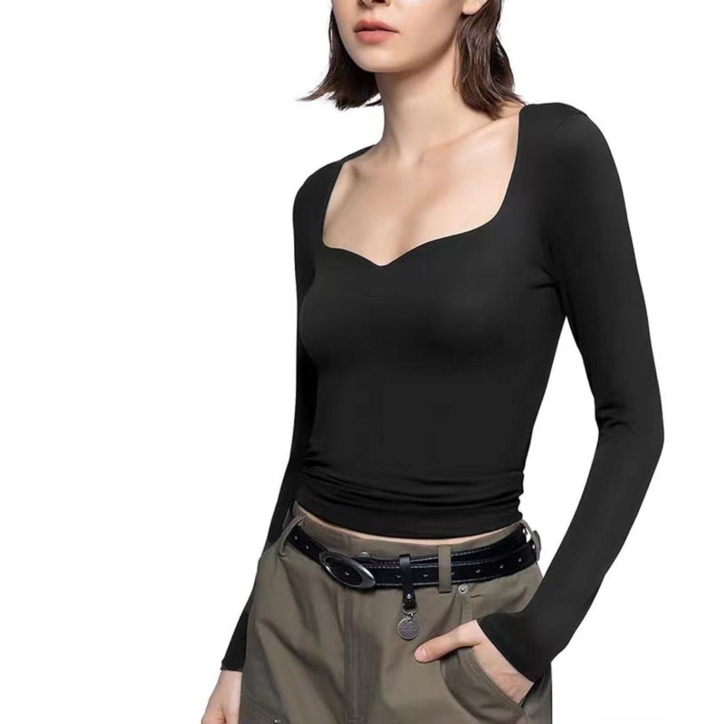 Modisches, einfarbiges, langärmliges T-Shirt-Oberteil für Damen mit quadratischem Ausschnitt