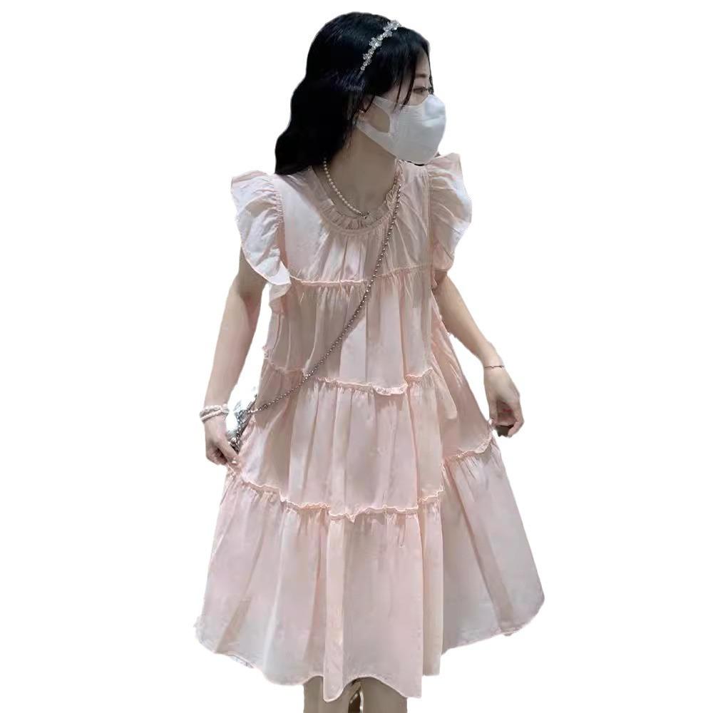 French Pink Flying Sleeve Dress Women's Summer Small Man Lotus Leaf Edge Loose Belly Cover Age Reduction Doll Short Skirt