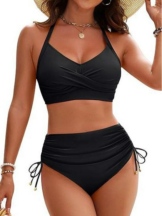 European American High-Waisted Two-Piece Bikini Set: Women's Sexy Drawstring Swimwear