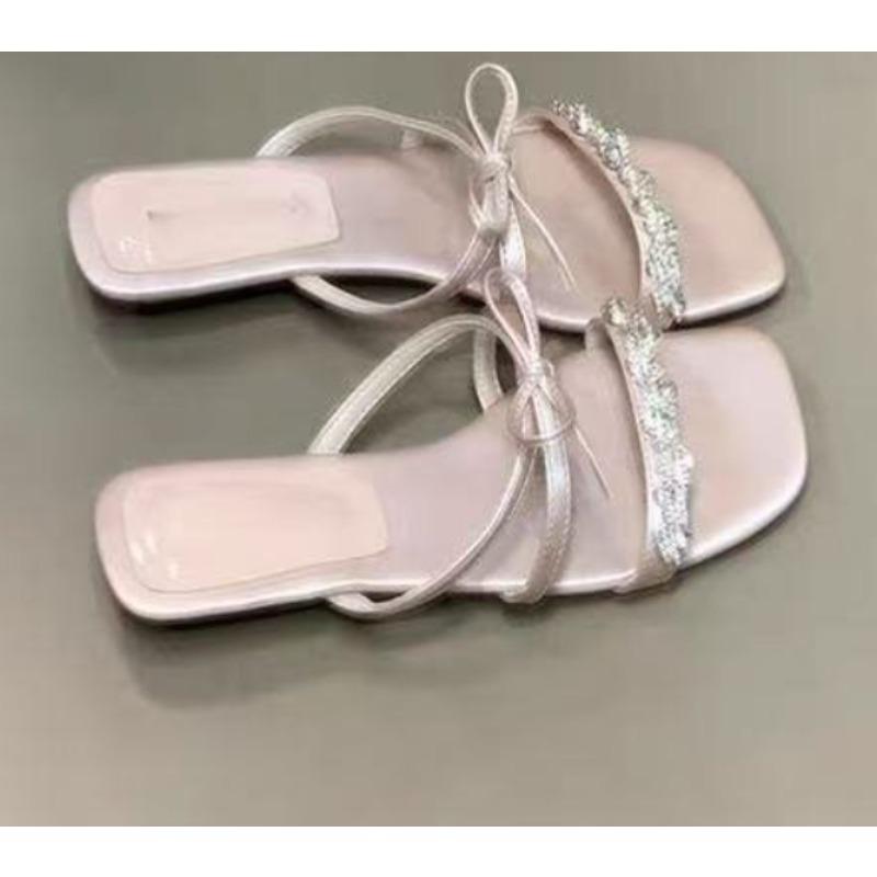 Summer New Style Women Crystal Butterfly-knot Slippers Concise Beach Slide Ladies Thick Heel Dress Sandals Zapatos Mujer