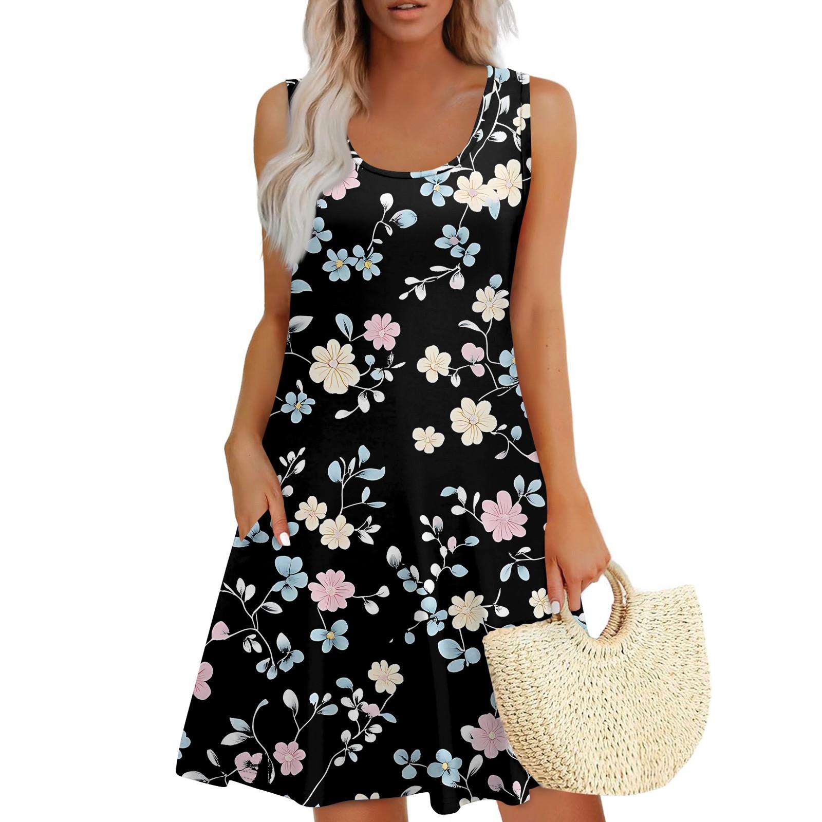 

Женское летнее повседневное платье с U-образным вырезом и цветочным принтом, платье без рукавов с карманами S