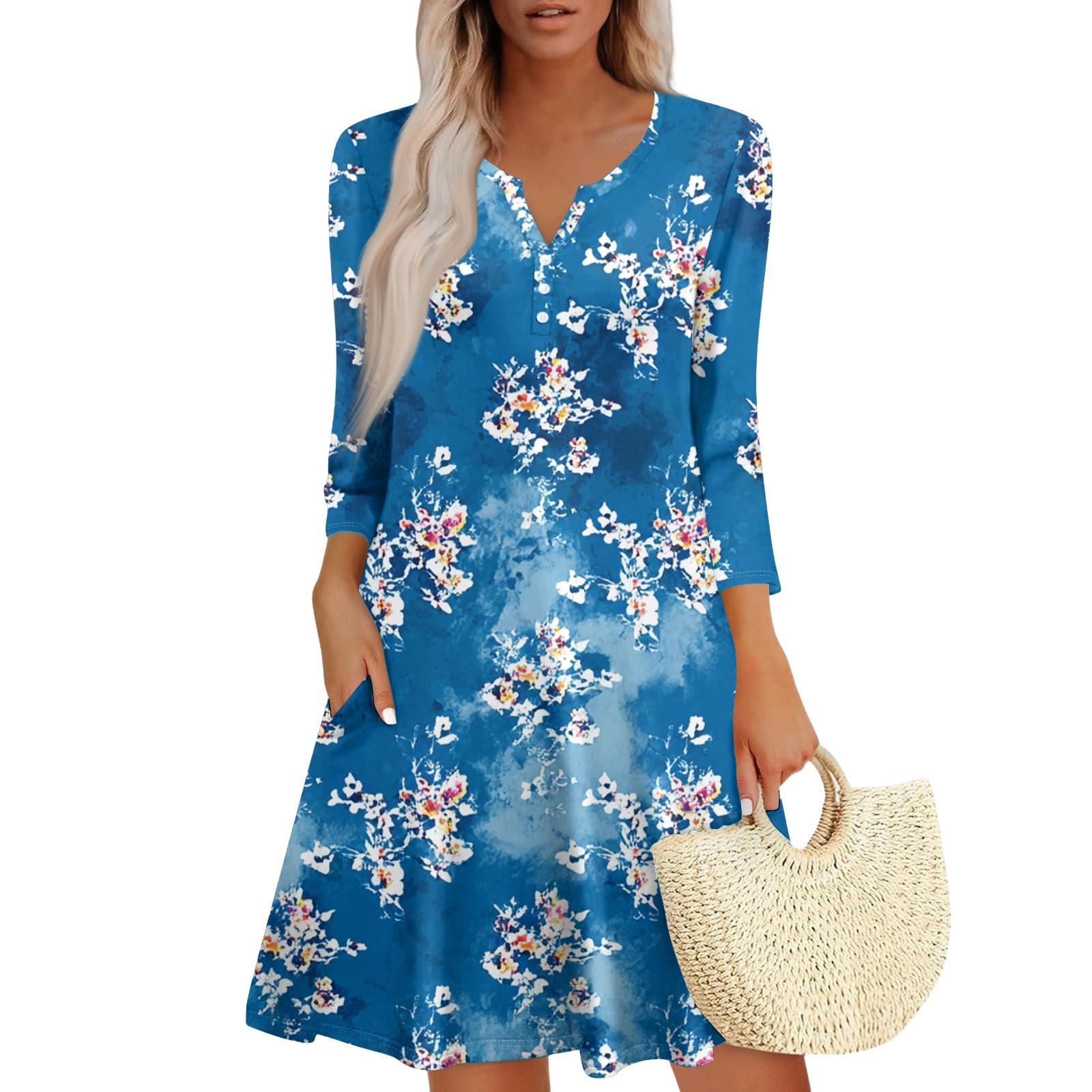 

Женское модное платье с V-образным вырезом, пуговицами, рукавами длиной семь восьмых, карманом и цветочным принтом S синий